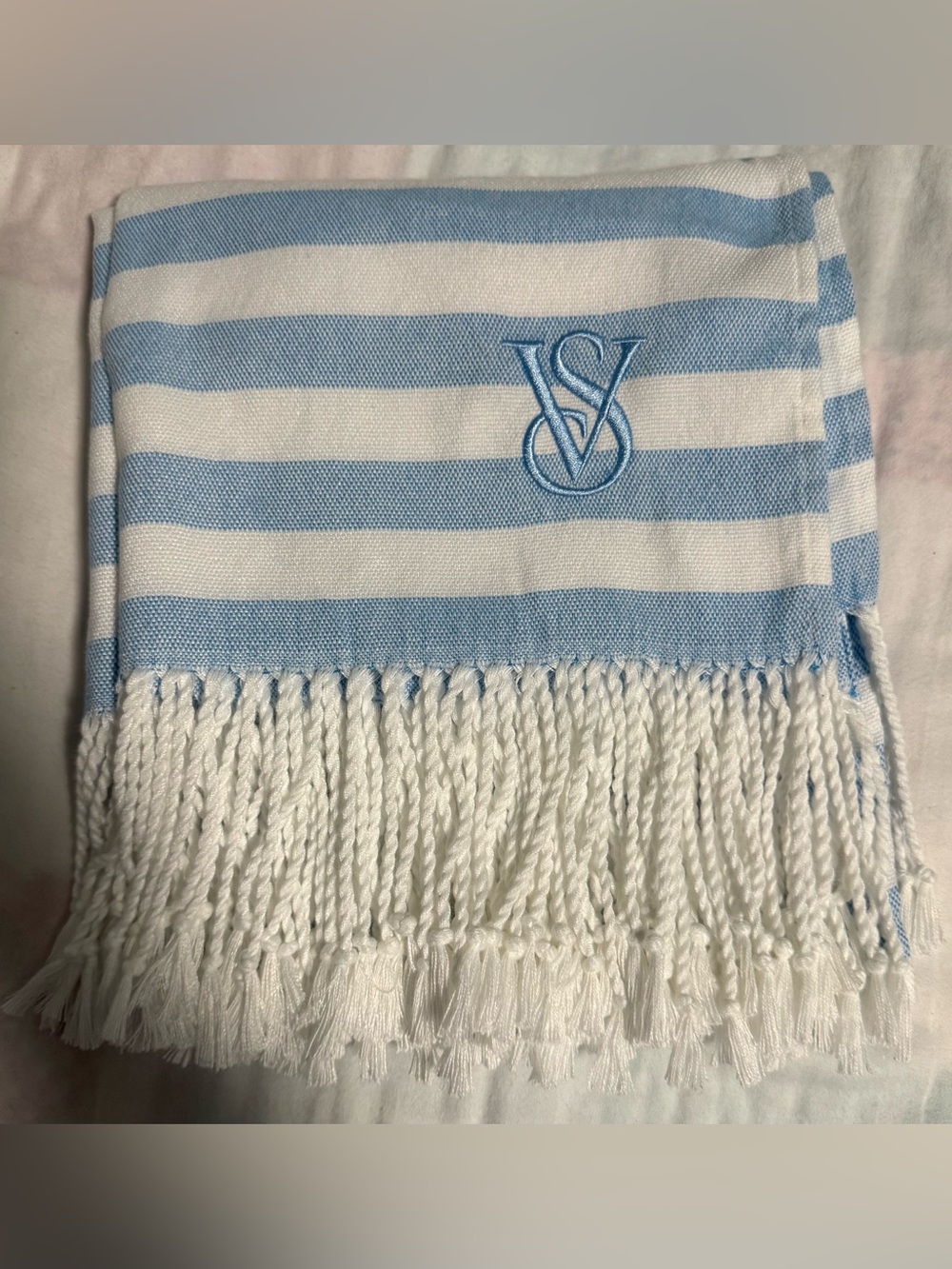Victoria Secret Beach Blanket Cream and Blue Striped with fringe! NEW - Picture 3 of 7